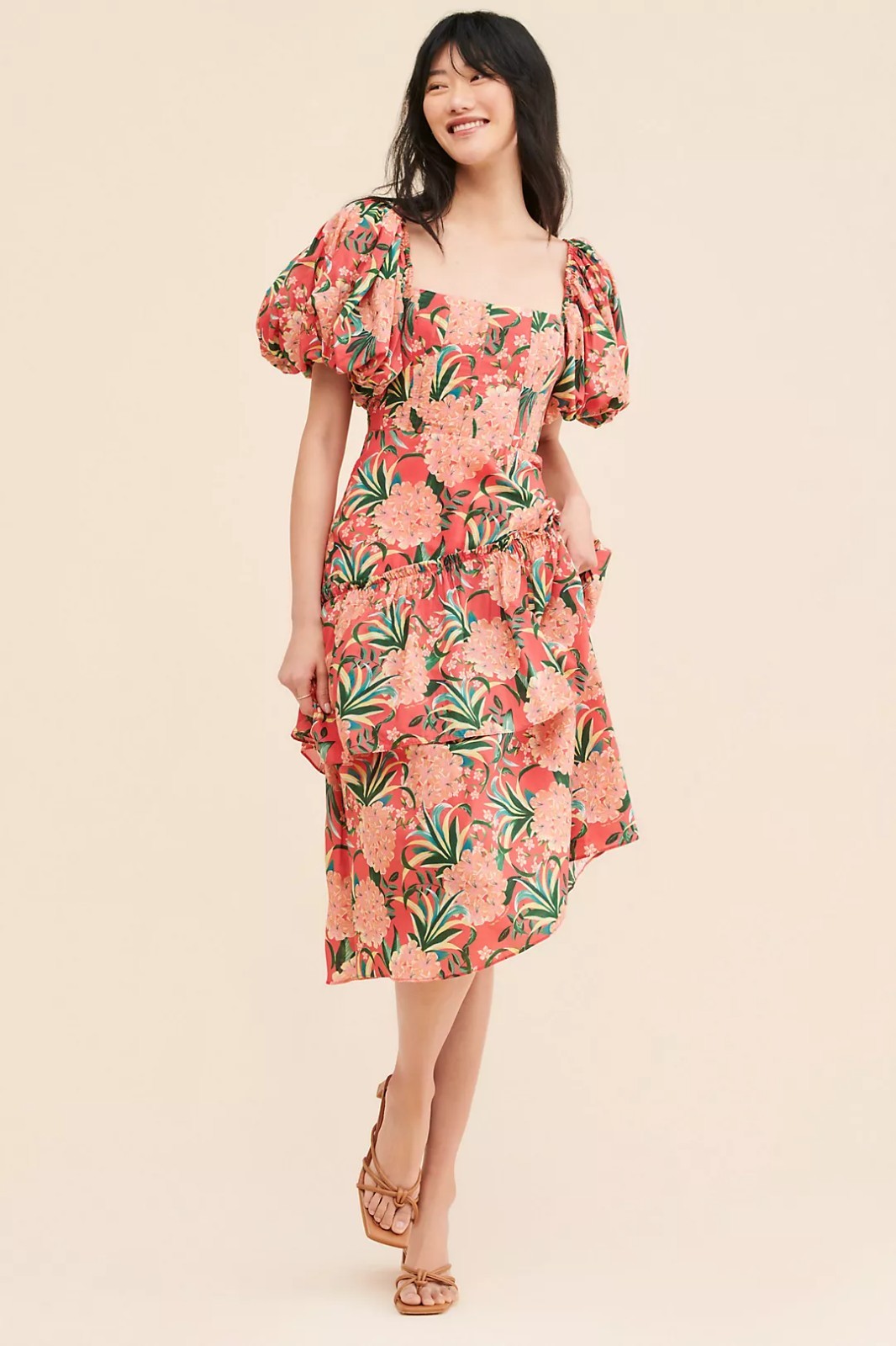 NWT Farm Rio Pineapple Bloom Red Cut Out Midi Dress Puff Sleeve Sz XS $275
