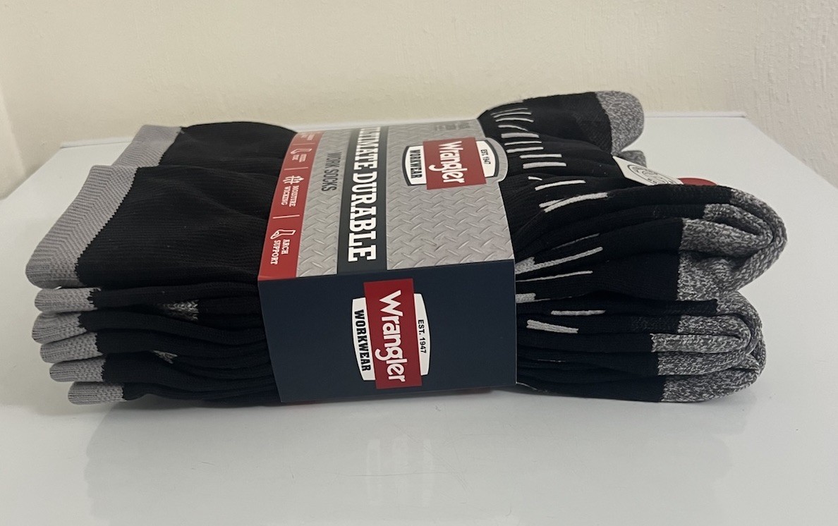 Wrangler 6 Pair Ultimate Durable Work Socks Men’s Sz 6-12 Black W/Reinforce Toe