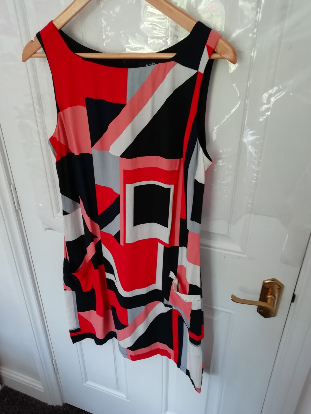 Wallis Size 10 Black Red Pink White Abstract Shift Dress Pockets Back Zip Ladies