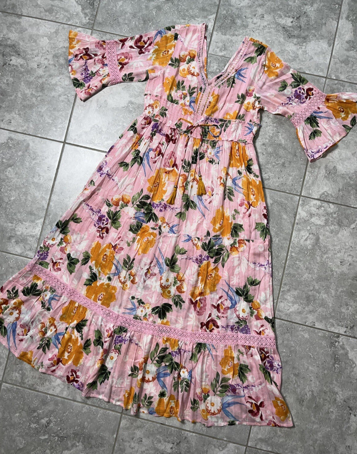 Anthropologie Me 2 Magic Floral Tiered Metallic Maxi Dress Flutter Pink New L