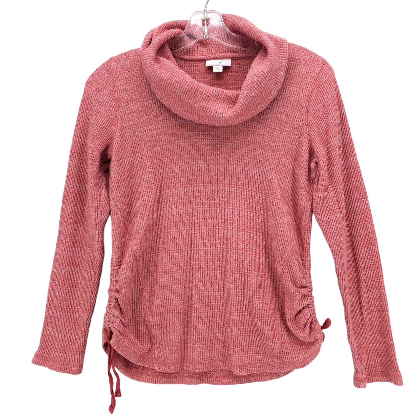 J. JILL Coral Pink Red Waffle Knit Top Cowl Neck Ruched Sides PETITE SMALL