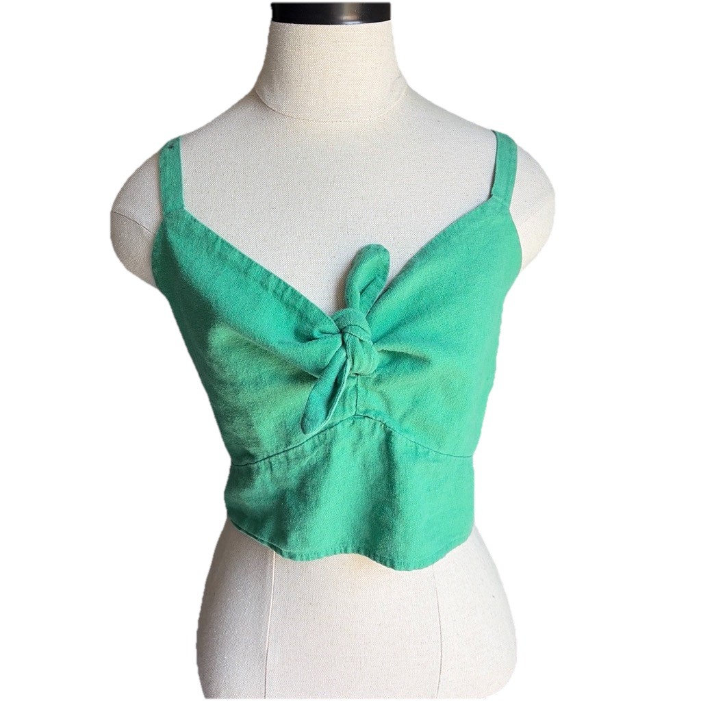 Universal Thread Women Green V-Neck Tie Front Cropped Smocked Cami Top XL