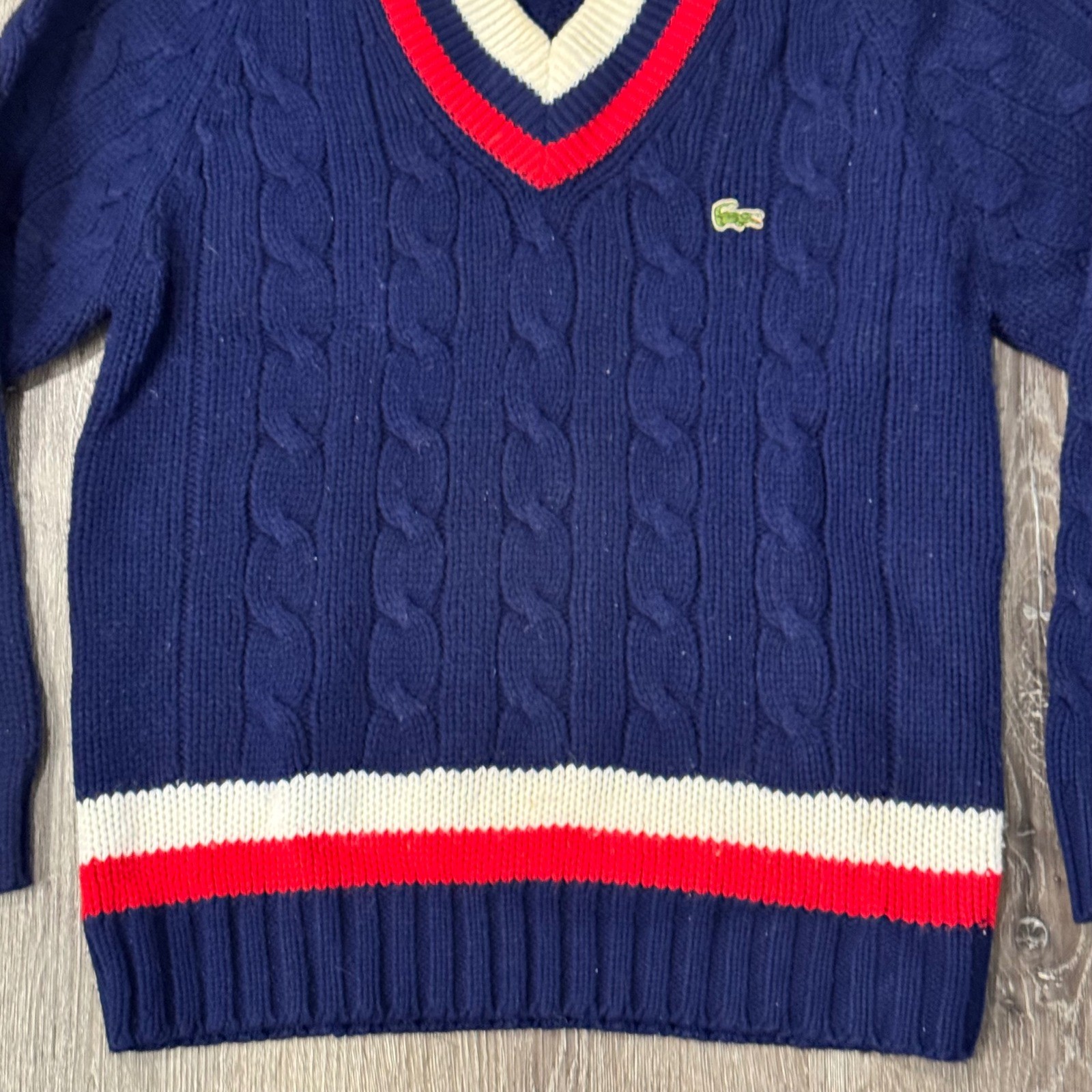 IZOD Lacoste Sweater Men L Navy Blue Cable Knit Varsity V-Neck Vintage Pullover