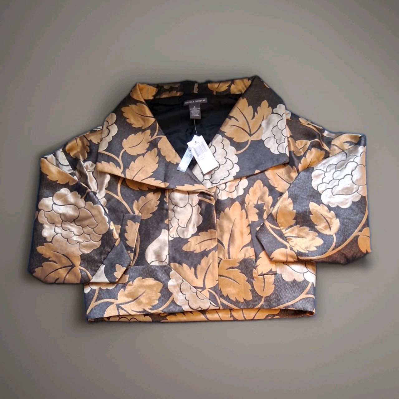 NWT Chelsea & Theodore Harlow Jacket Gold Black Floral Brocade Shawl Collar Sz 2