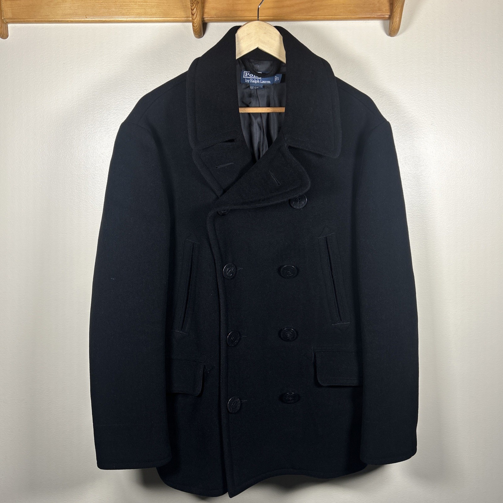 Polo Ralph Lauren Pea Coat Large Black Wool Double Breasted Anchor Naval RRL