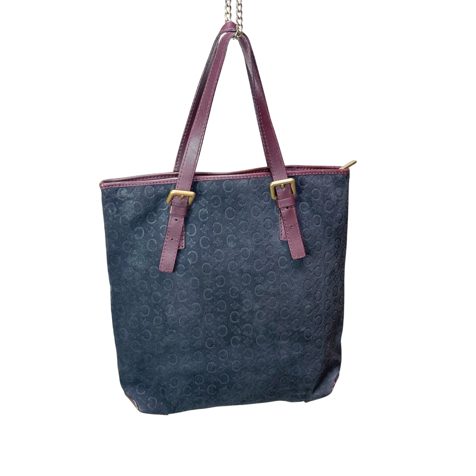 Celine Macadam C Logo Embossed Suede Tote Bag Burgundy Leather Trim Vintage