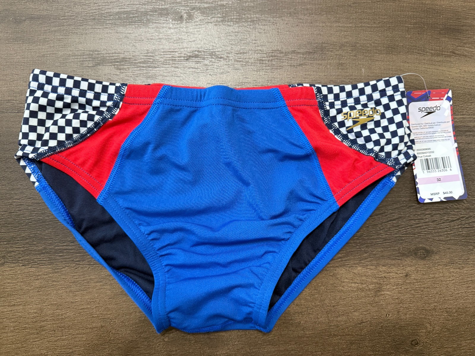 New Mens Speedo Swim Brief Size 32 True Cobalt Checkered Pattern