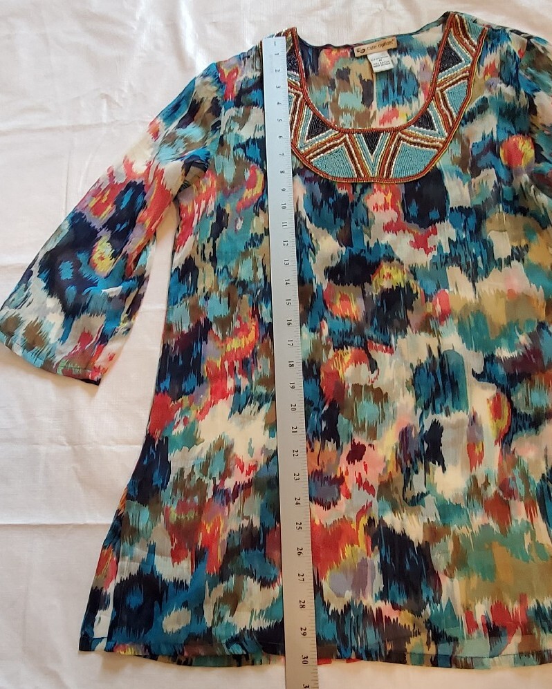 Cute Options Beaded Tunic Women’s Size Medium Floral Sheer Gauzy Cruise-wear 