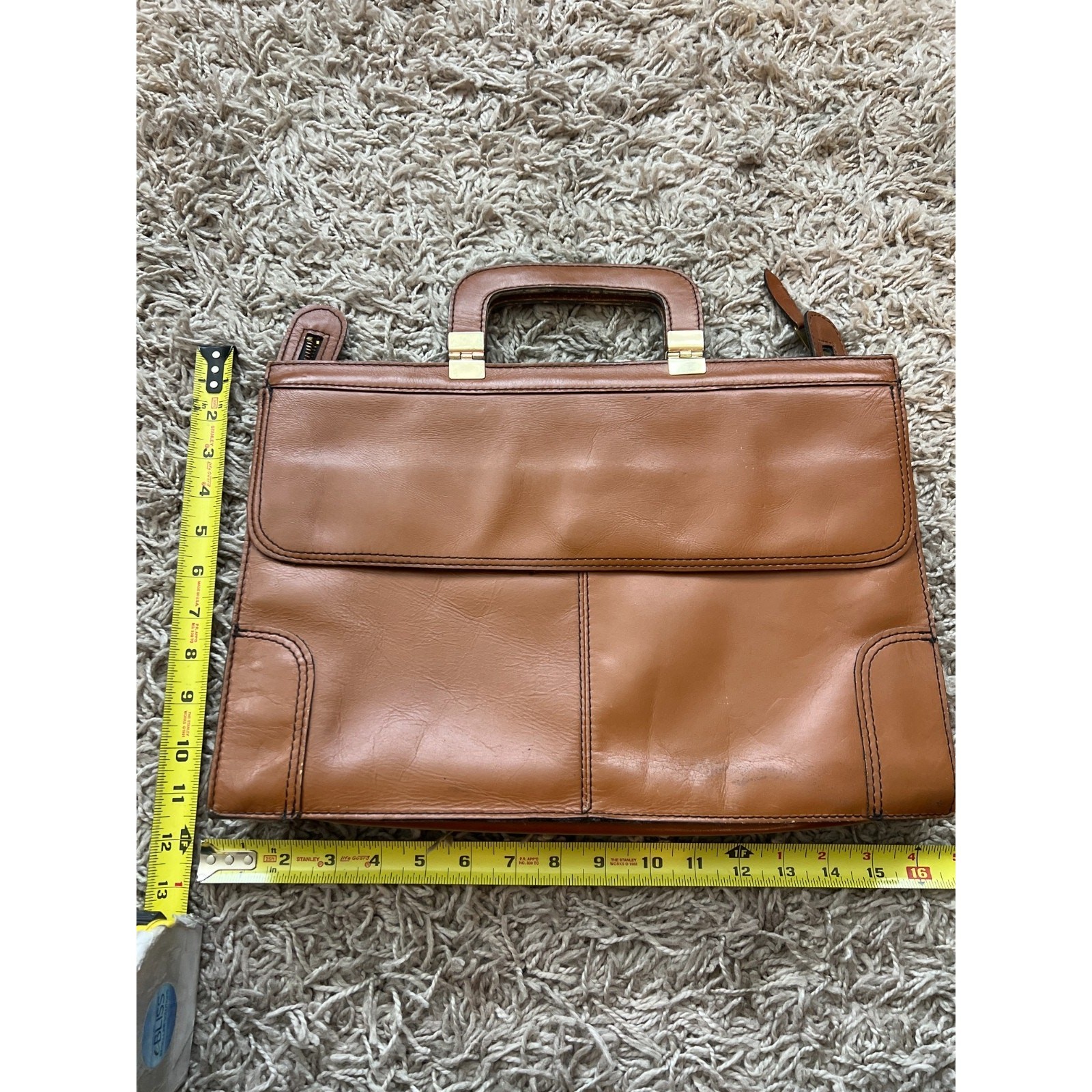 Vintage Tan Leather YKK Zip Front Flap Pocket Briefcase Document Laptop Bag