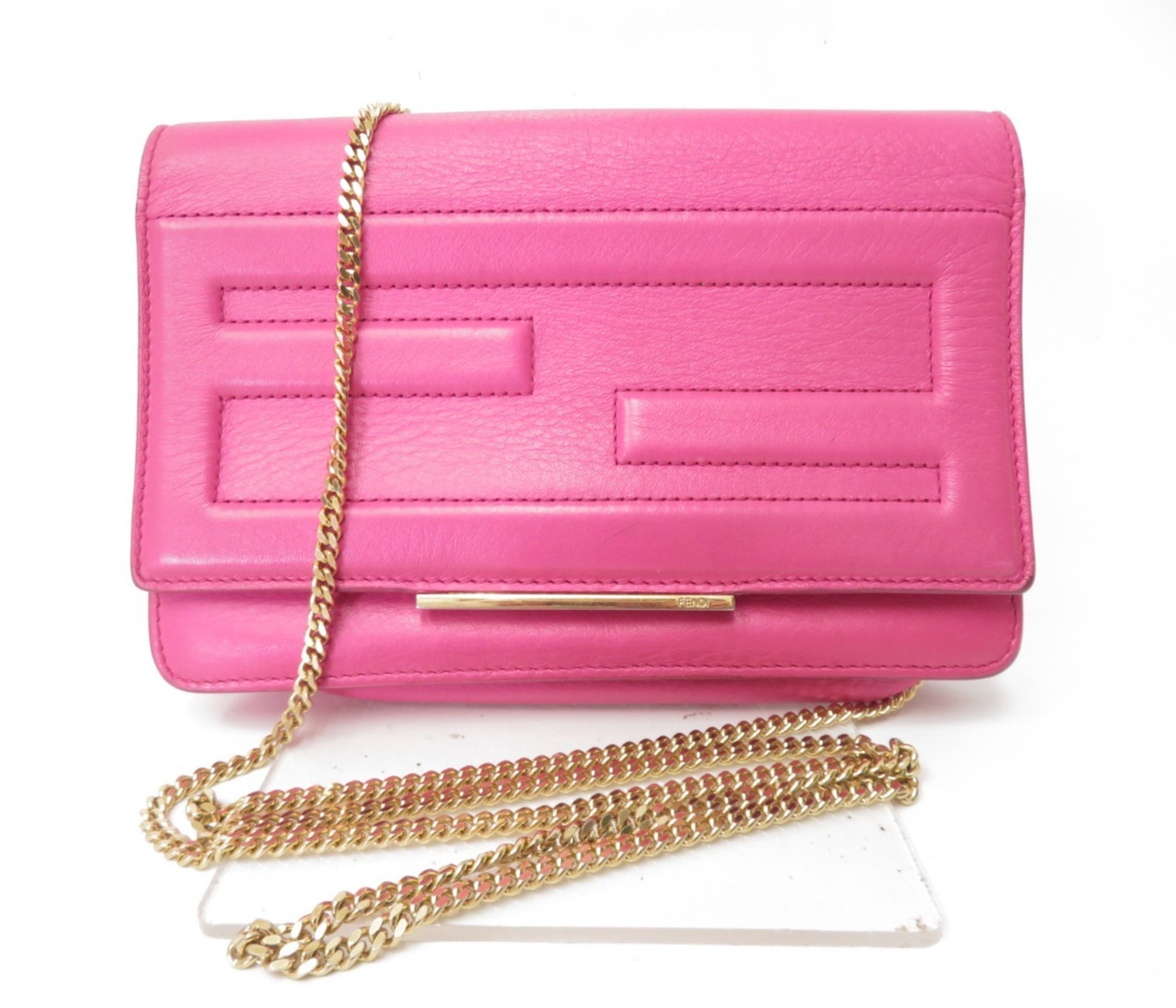 Authentic FENDI FF Logo Leather Chain Wallet Mini Shoulder Bag I#54023