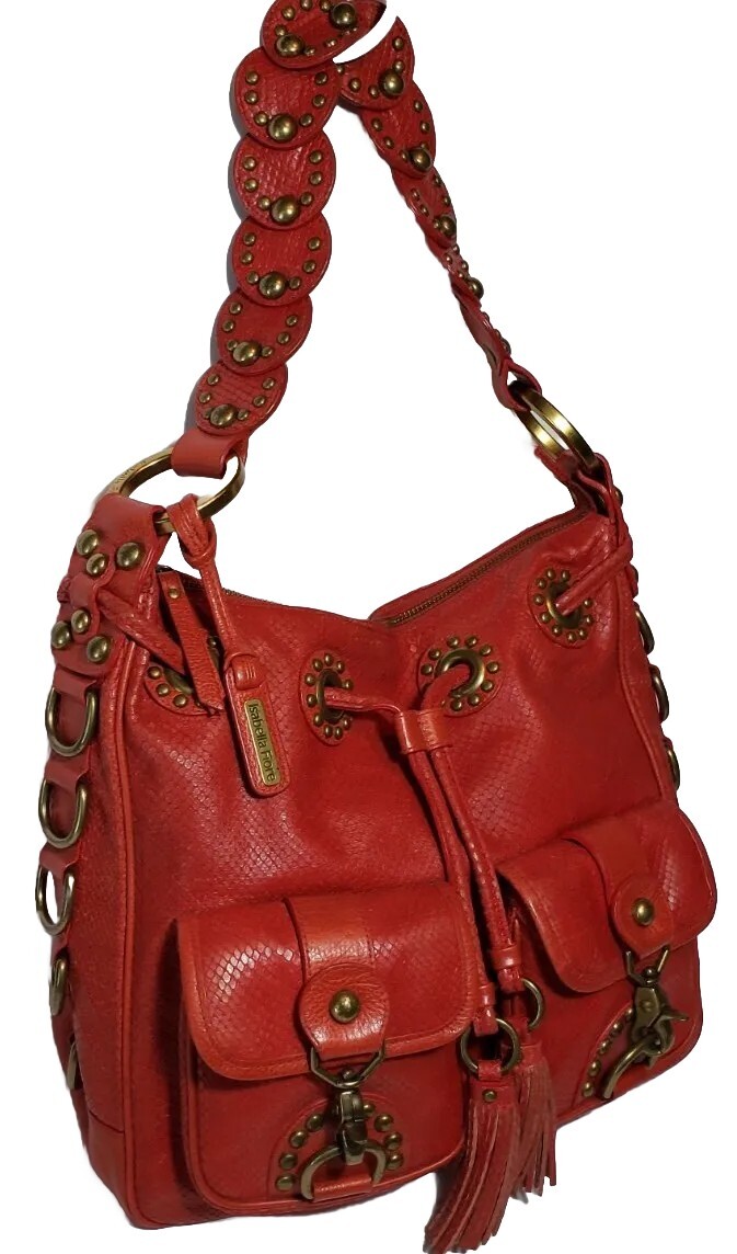 ISABELLA FIORE SNAKE CHARMER RED STUDDED EMBOSSED LEATHER SHOULDER HANDBAG $695