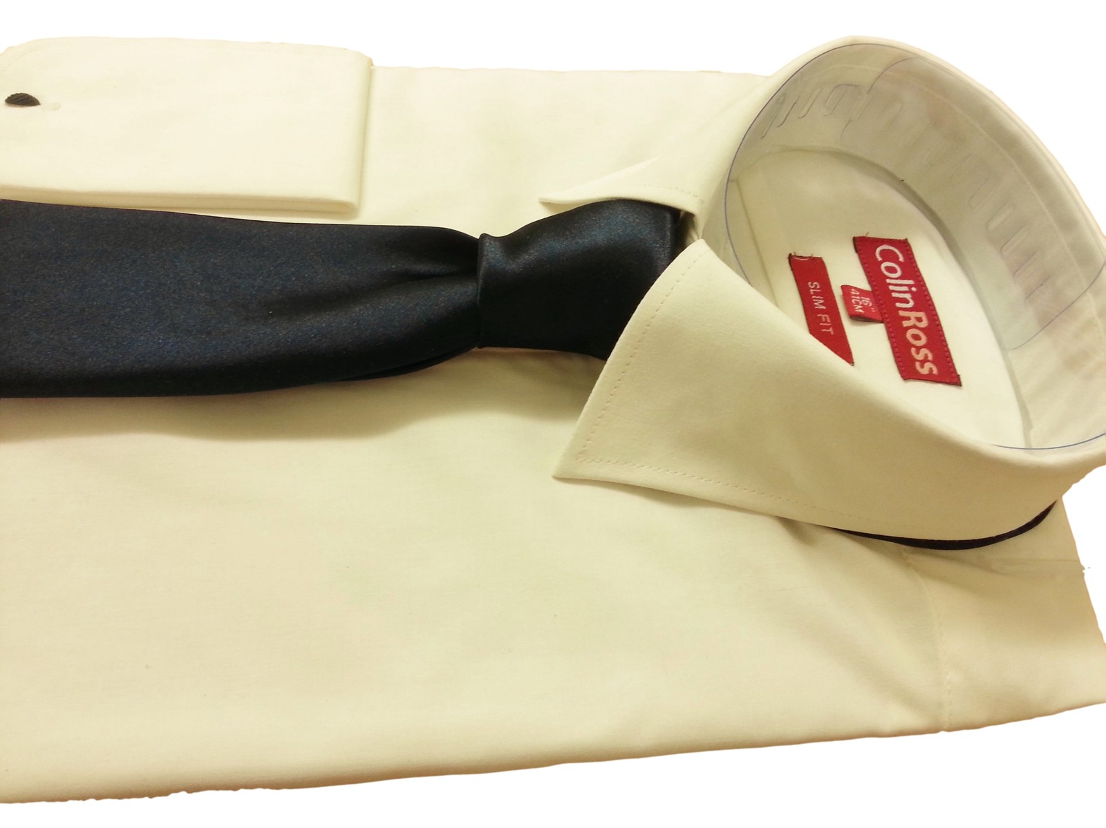 SLIMMER FIT IVORY Reg Collar Dress Shirt Double Cuff Wedding/Evening 14 -18″