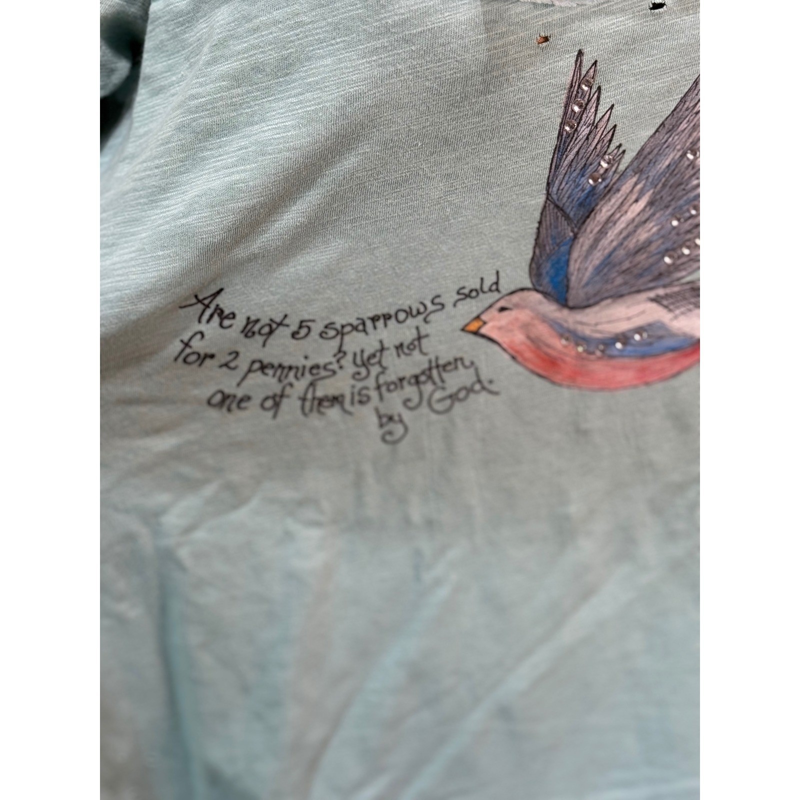 A Rare Bird Blue Distressed Sparrow Scripture Tunic 3/4 Sleeve Tee L/XL NWT