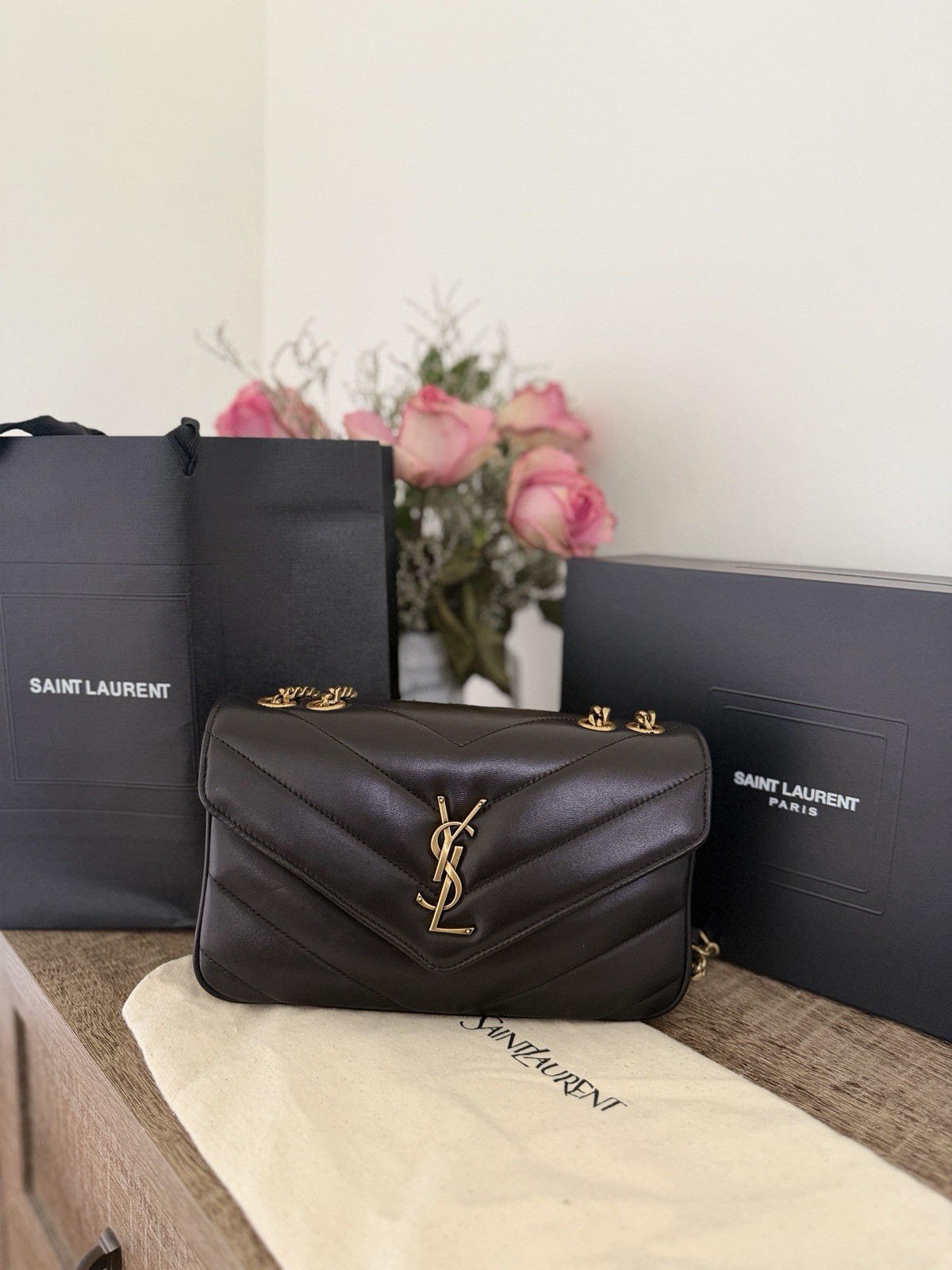 Saint Laurent Small Envelope Black Chevron Quilted Chain Crossbody Gold HW