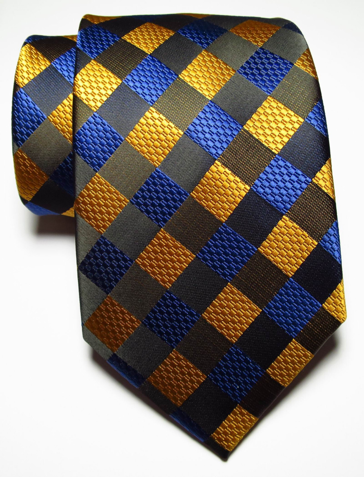 New Classic Checks Blue Black Gold JACQUARD WOVEN Silk Men’s Tie Necktie