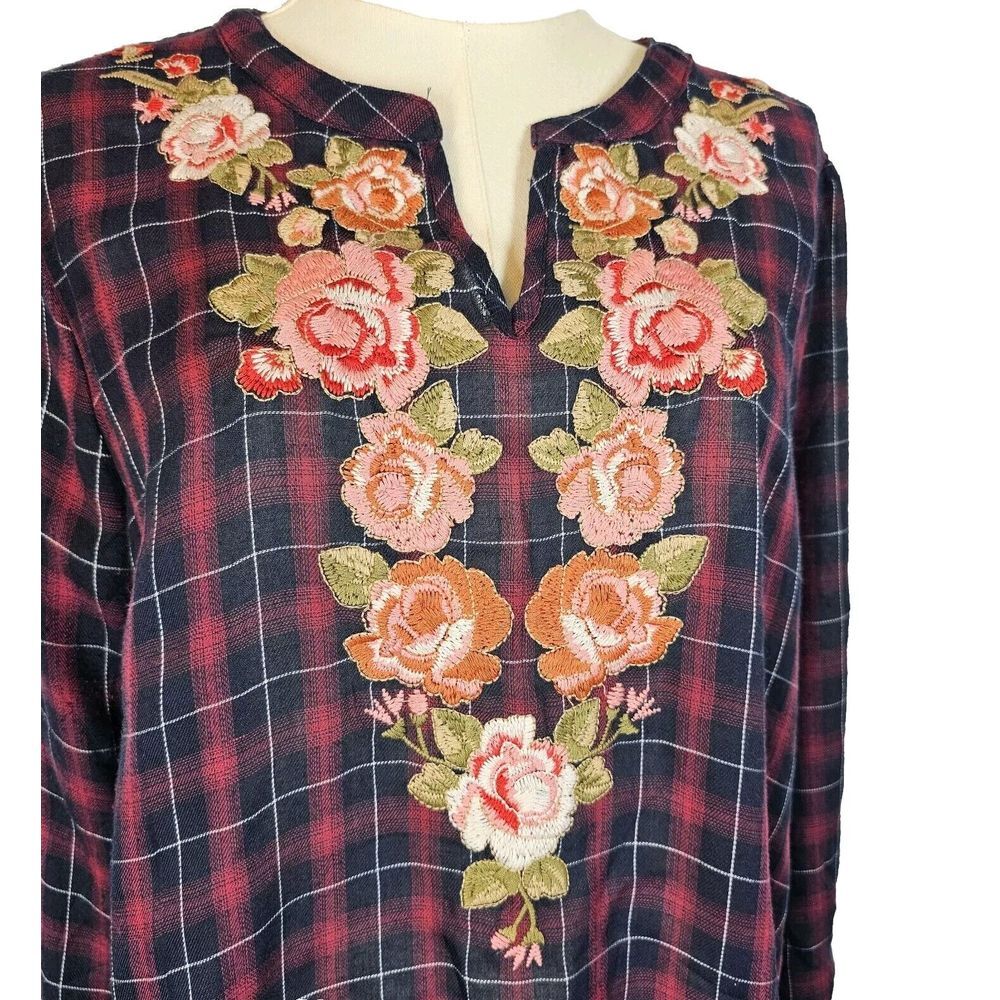 Andree by Unit FLAWED Tab-Sleeve Embroidered Tunic Cottagecore Floral Plaid L