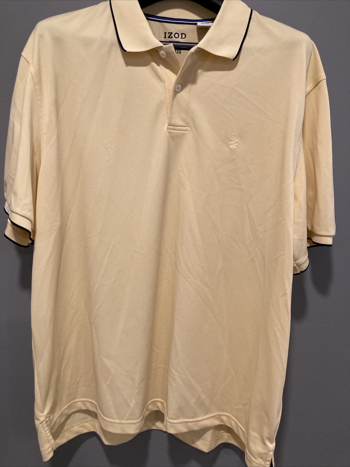 Izod Performance Mens XXL Yellow Short Sleeve Navy Trim Golf Polo Shirt MINT
