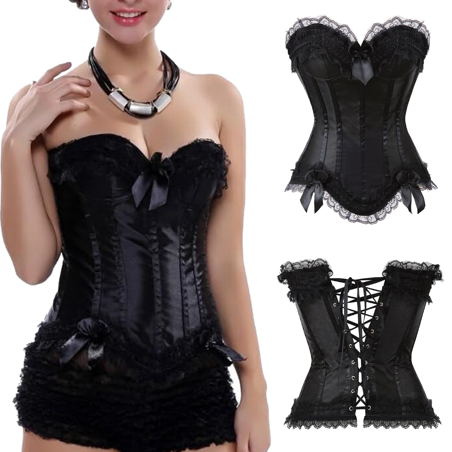 Black Sexy Push-Up Bustier Underbust Lace Up Corset Steampunk Basques Lingerie