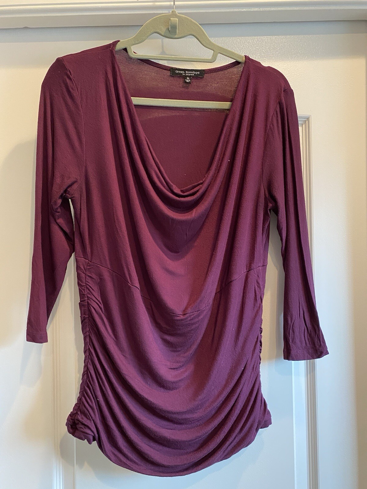 Green Envelope Top XL, Purple Magenta 3/4 Sleeves, Cowl 95% rayon 5% Spandex US