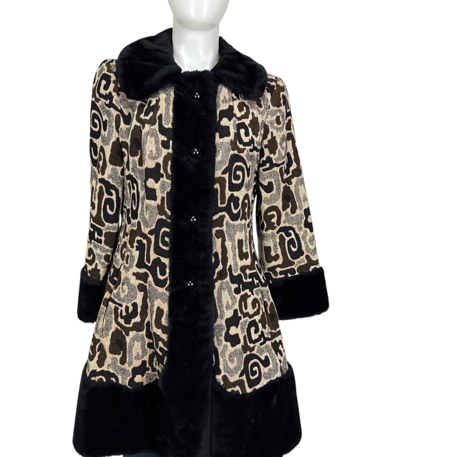 Vintage 1960s Jacquard Swing Coat Women 12 Faux Fur Collar A-Line Jacket