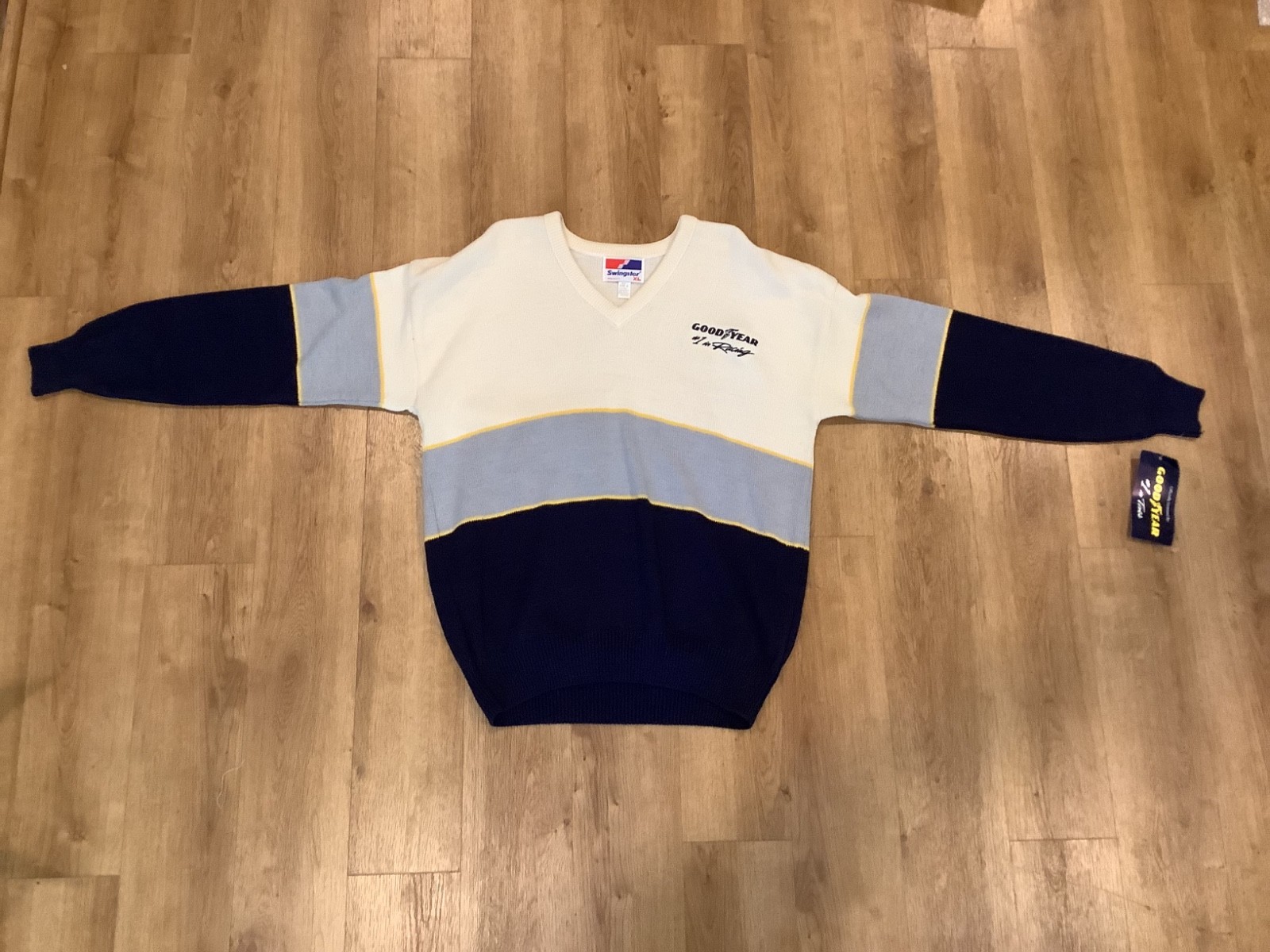 Swingster Vintage Goodyear #1 In Racing V-Neck Sweater Made In USA Size XL