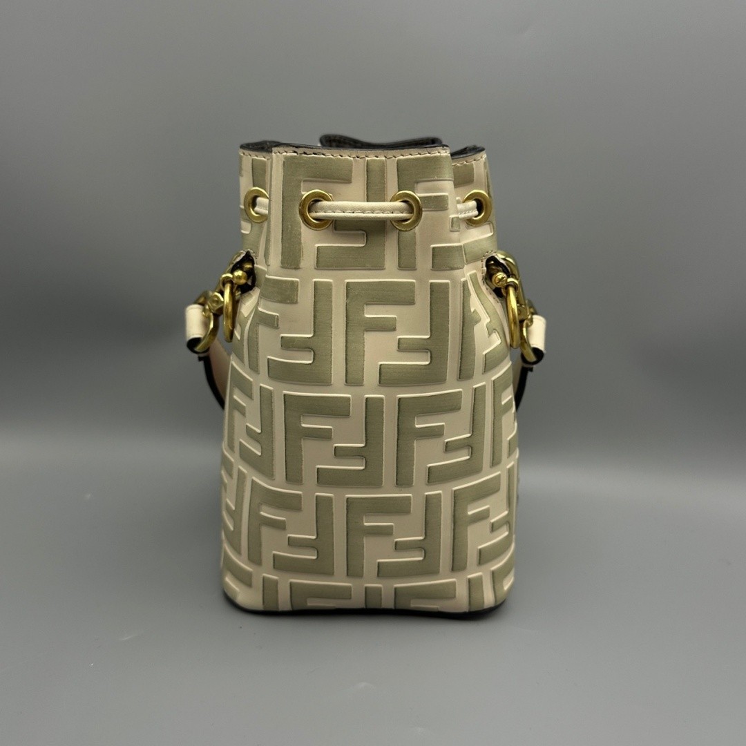 FENDI Mon Tresor Bucket Crossbody Bag FF Mini Off-white Embossed Leather Gold HW