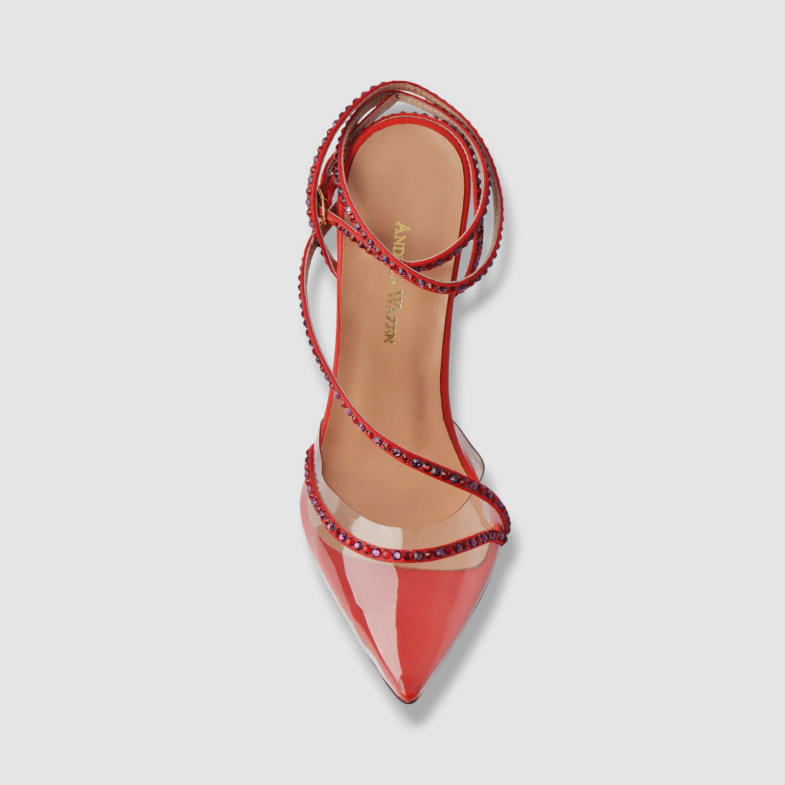 $695 Andrea Wazen Women’s Red Dassy Sunset Clear PVC Ankle Wrap Pumps Size 37