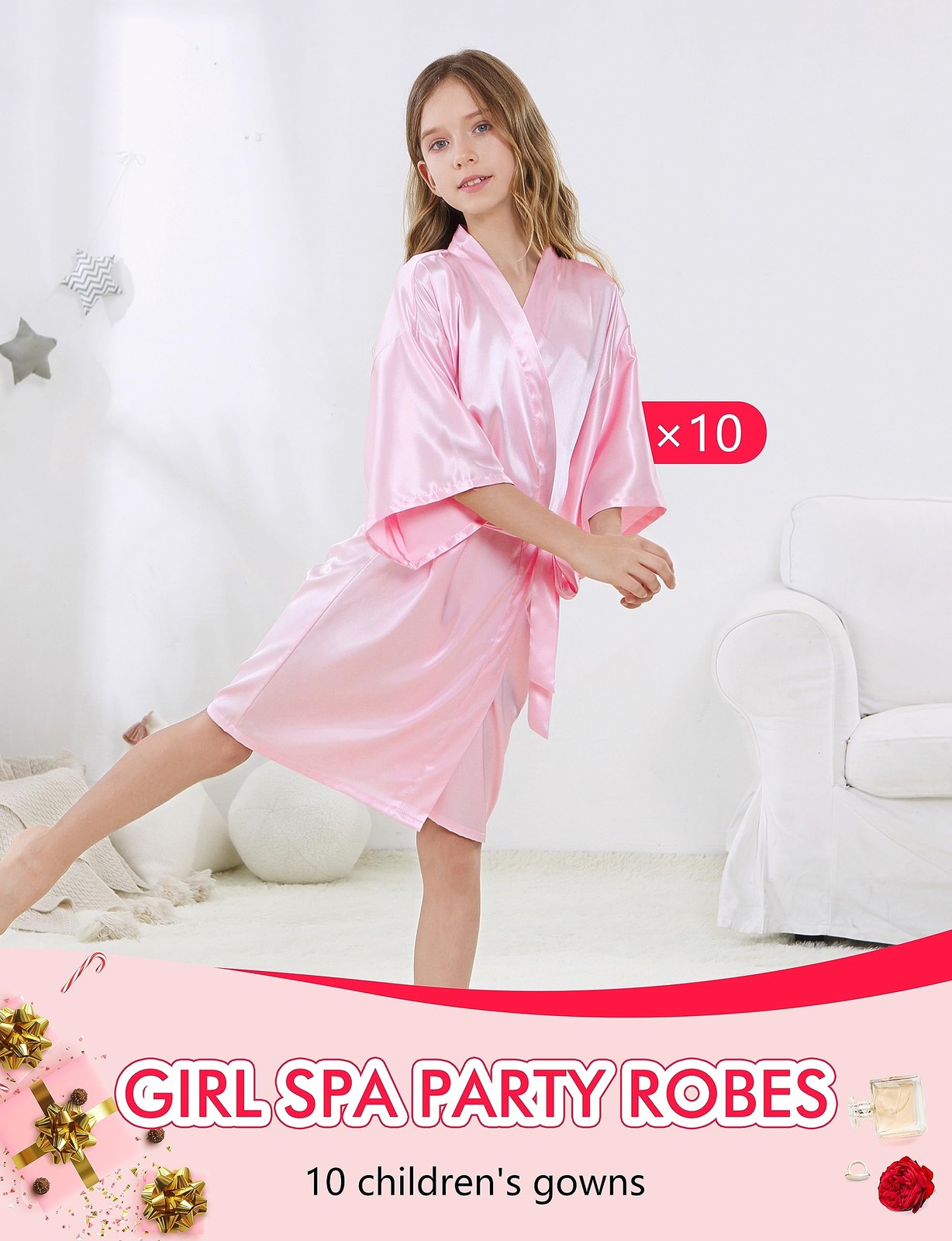 MORFORU 10pcs Girls Kids Solid Color Silky Satin Kimono Robe set for Wedding Spa