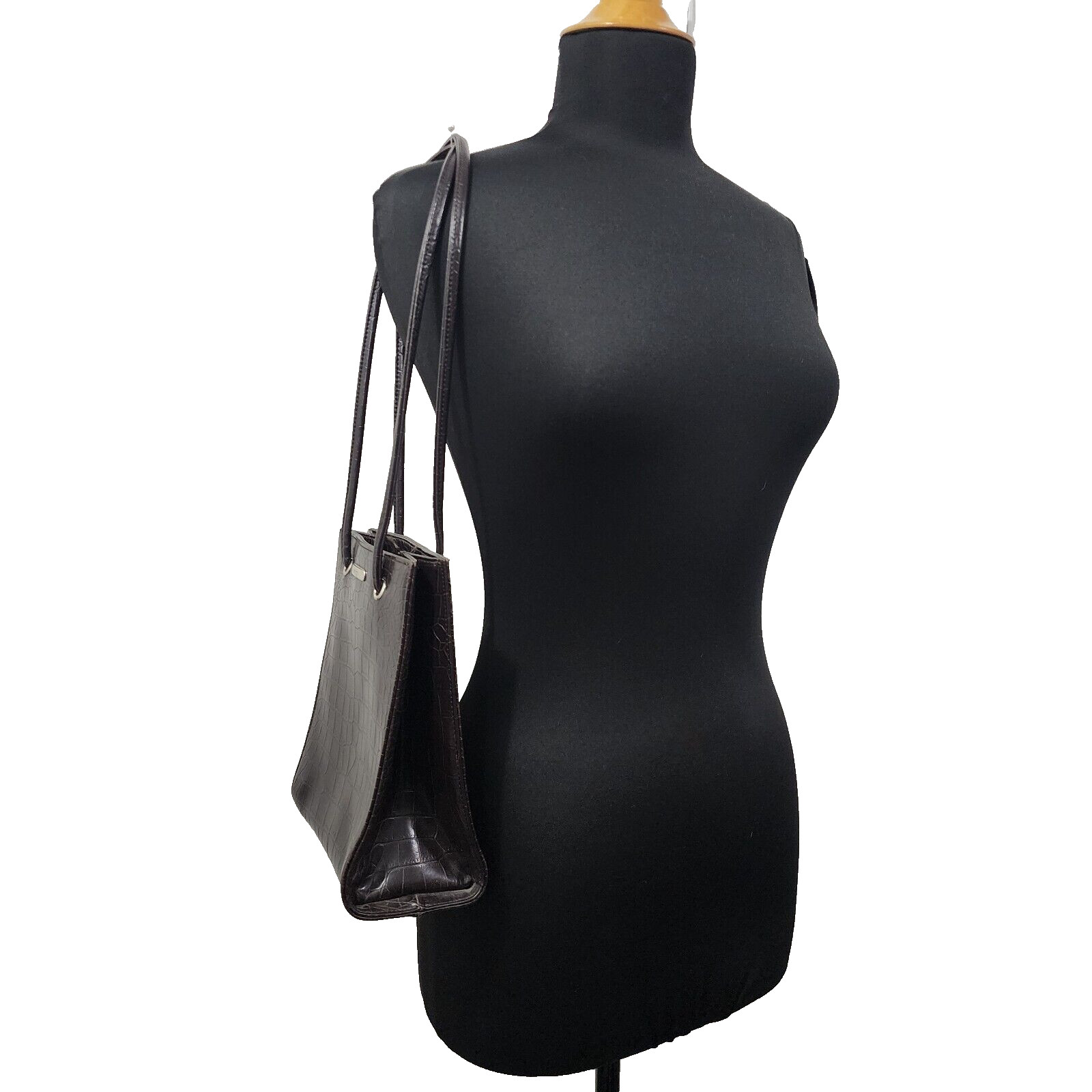Vintage 90s Nine West Croc Embossed Shoulder Bag Brown Faux Leather Nylon Lining