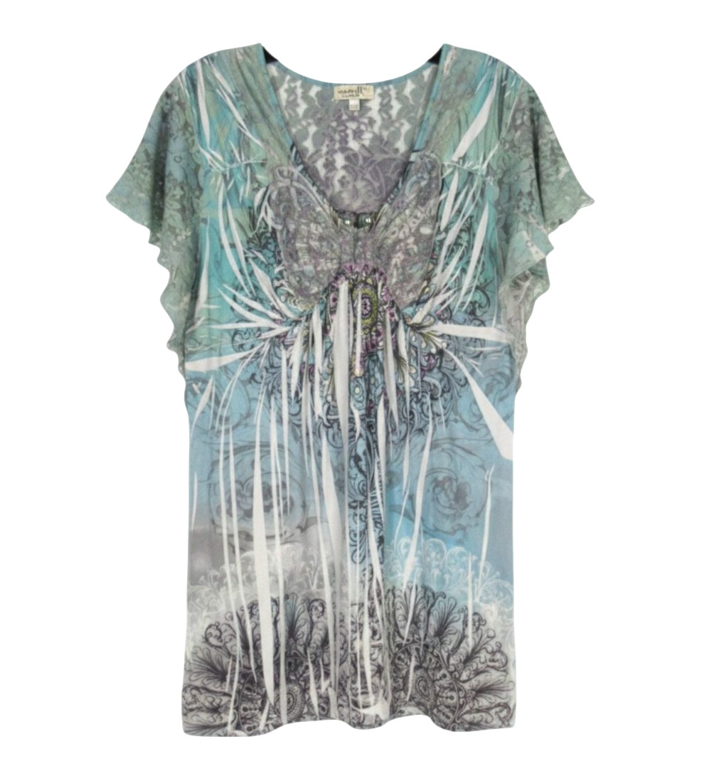 Y2K ONE WORLD Sublimation COLORFUL LACE BUTTERFLY U-Bar Neckline BLOUSE/TOP XL