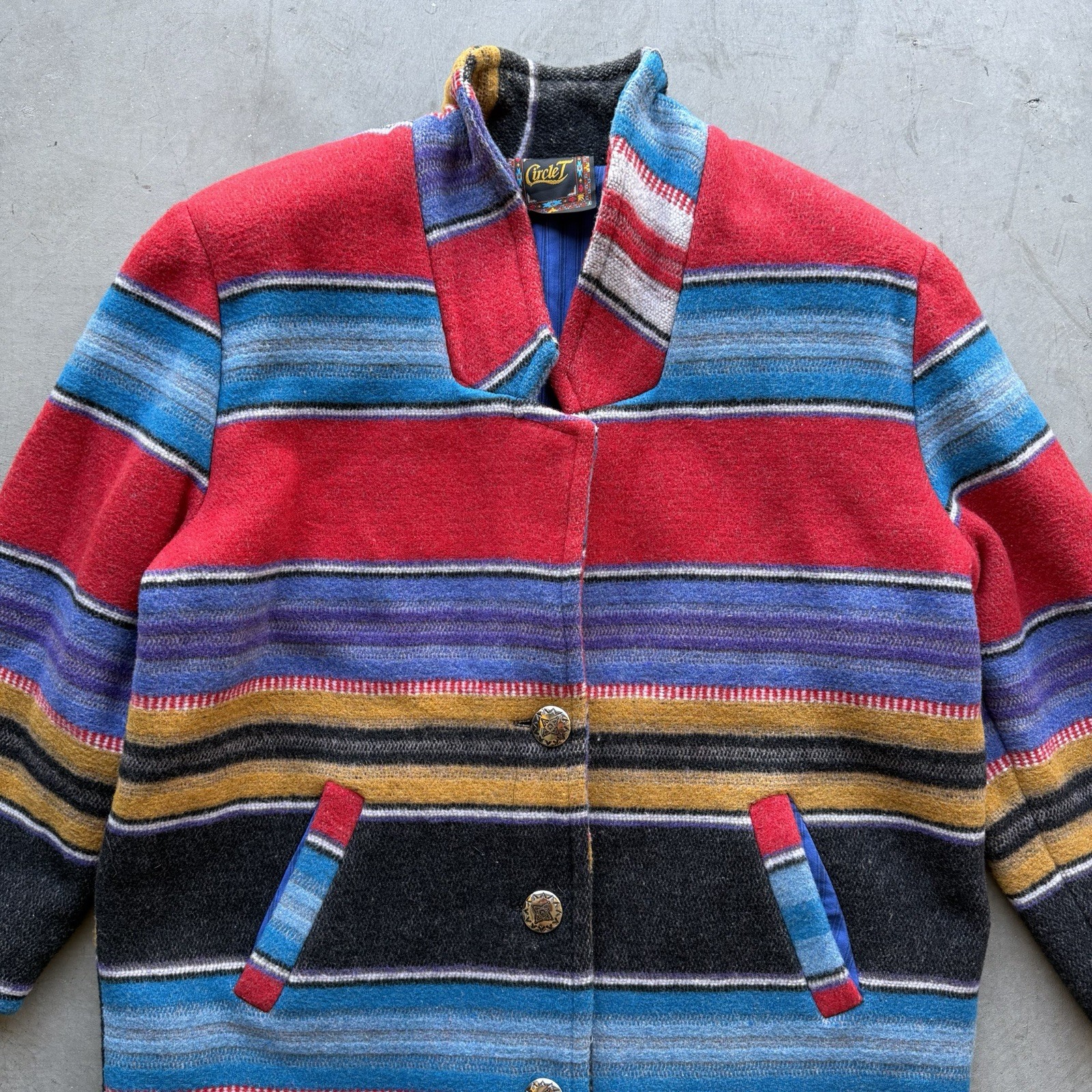 Vintage 70s Circle T Roughrider Womens L USA Wool Serape Coat Jacket Western