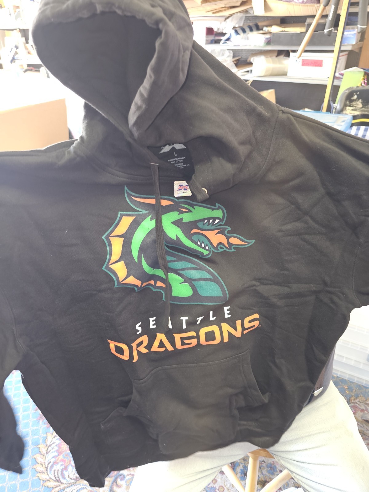 Mens Large Black Pullover XFL Hoodie, Seattle Dragons