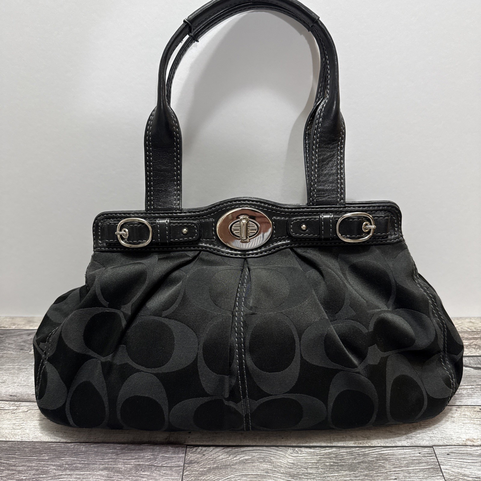 Authentic COACH Garnet Signature Satchel F13906 Black Pleated Jacquard Y2K
