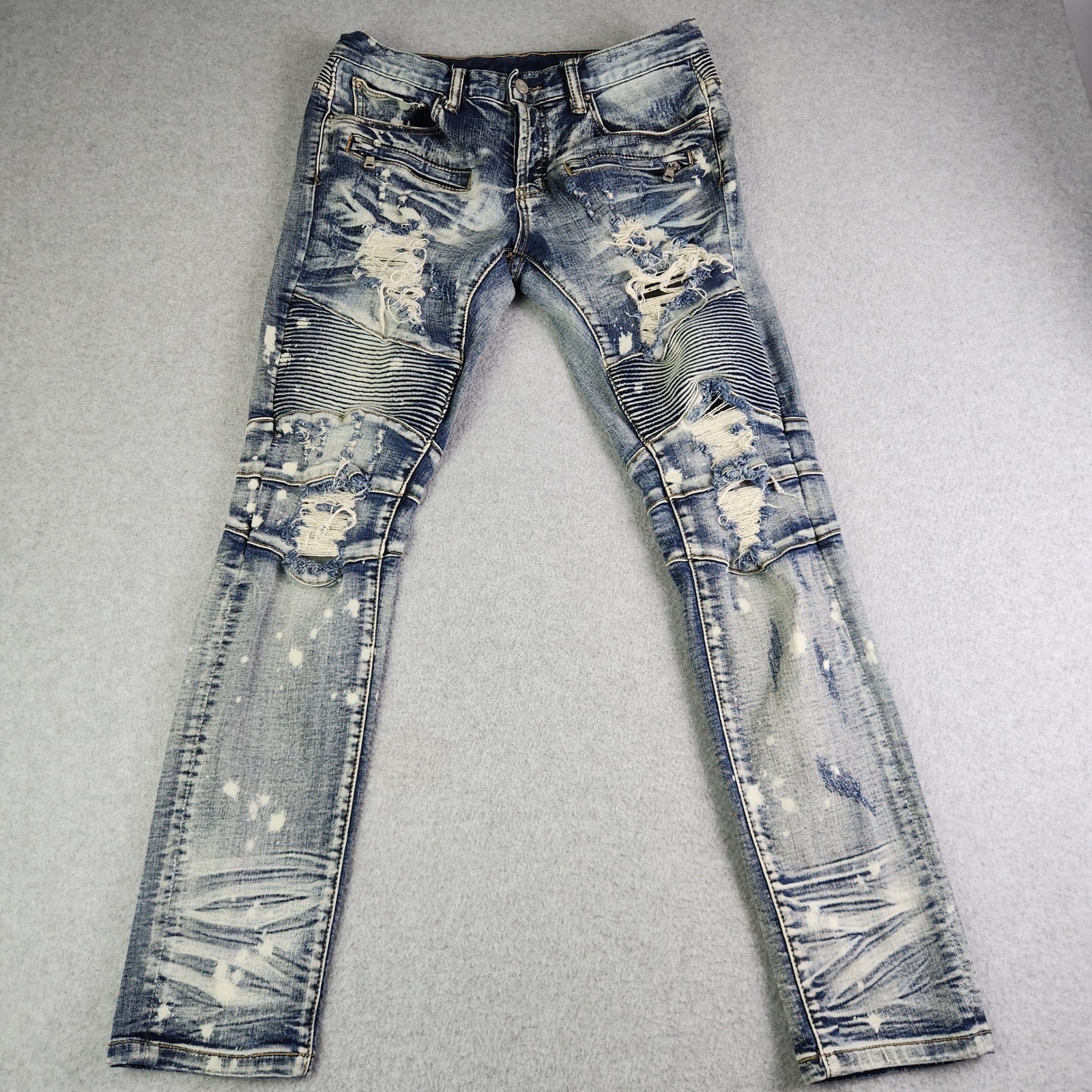 Dope Jeans Mens 30 Blue Acid Wash Slim Stretch Biker Moto Distressed Button Fly