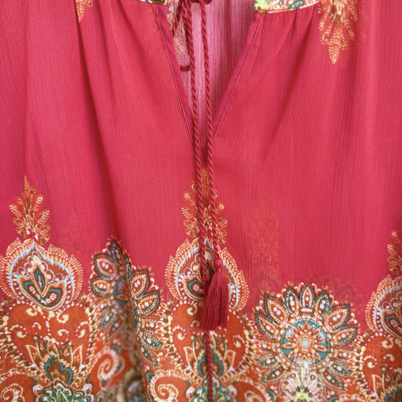 Rose & Olive Long Sleeve Tassel Sheer Top Size S Red Orange Floral Boho Layering
