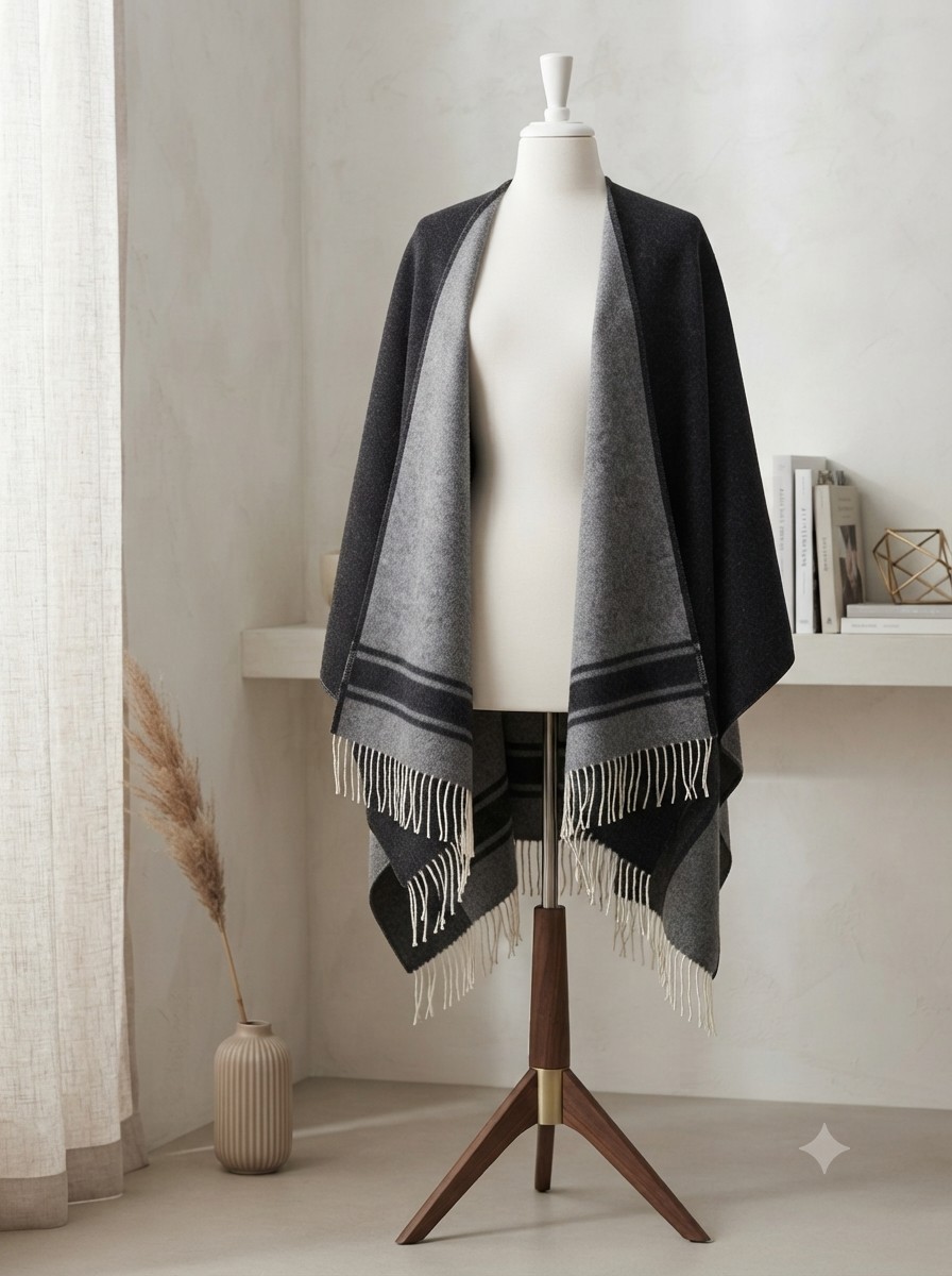 Eileen Fisher Reversible Cotton Cashmere Striped Poncho