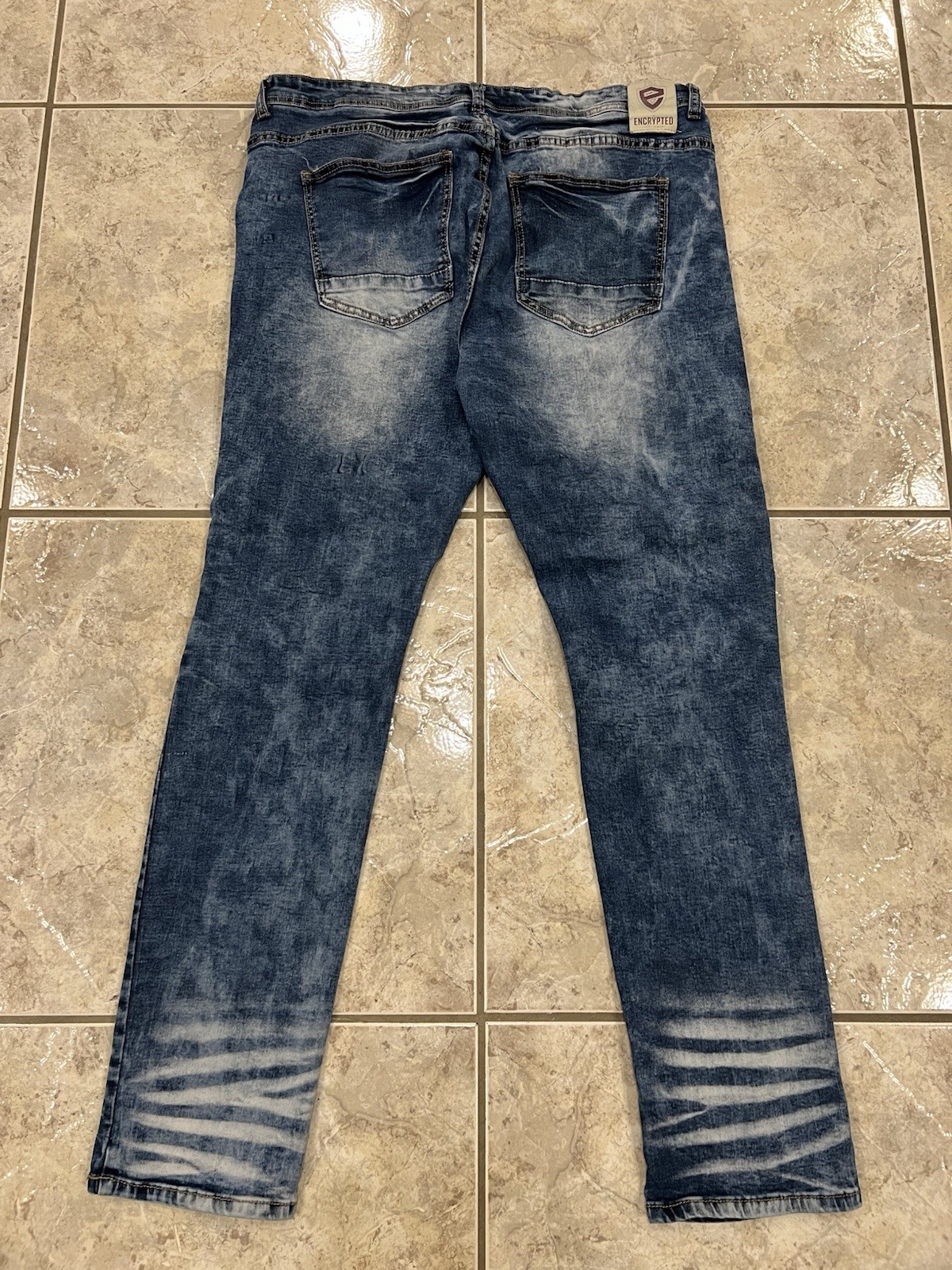 ENCRYPTED Men’s 40 Acid Wash Biker Jeans Slim Fit Moto Skinny Blue Denim
