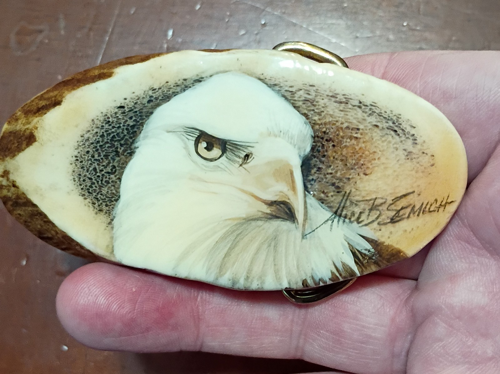 VINTAGE ANTLER BELT BUCKLE BALD EAGLE PAINTING USA ALICE B SEMICH NOS NICE!