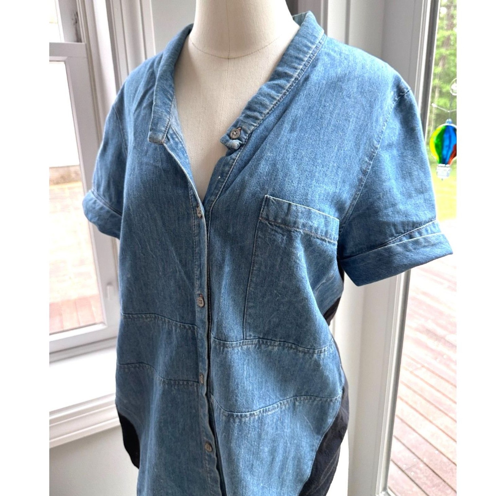 Helmut Lang New York Era Chambray Denim Mixed Media Top Sz M Made USA 2002