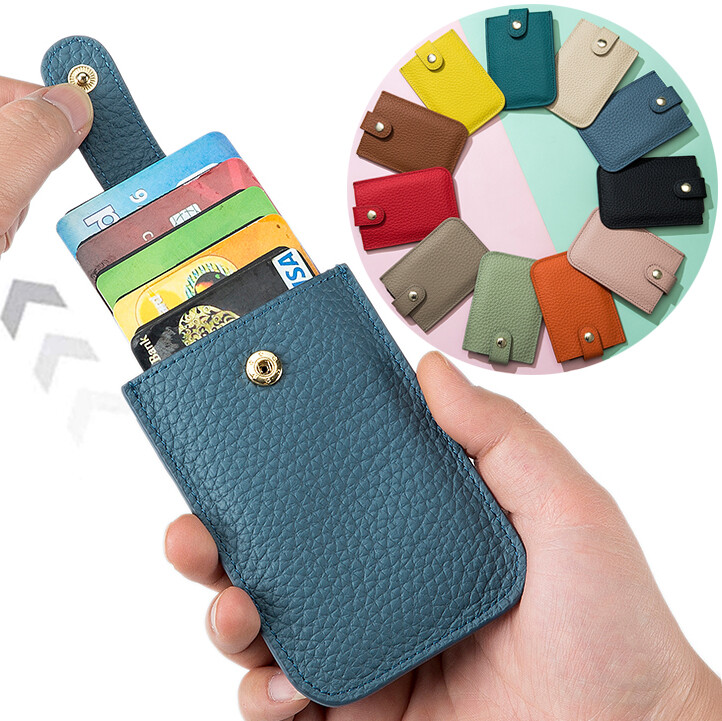 Easy Access Pull Out Wallet RFID Blocking Cowhide Leather Card Holder with Hasp