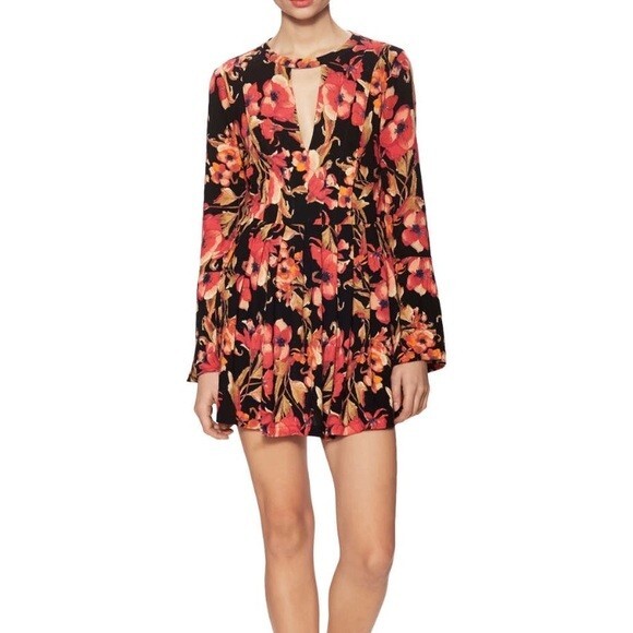 Free People Mini Dress Black & Orange Floral V Neck Bell Sleeve Tegan NWT Size 0