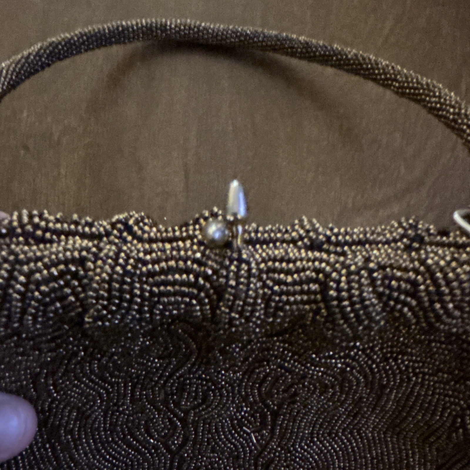 Brown beaded Top Handle Evening Bag Silver Clasp Lined Inner Pockets vintage