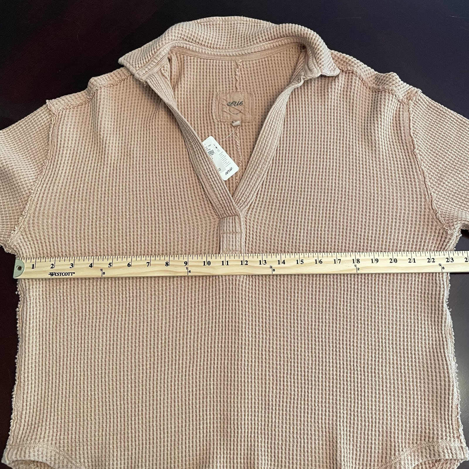 NWT Aerie Waffle Knit Collared Pullover Tan Sz S Oversized Slouchy Travel Lounge
