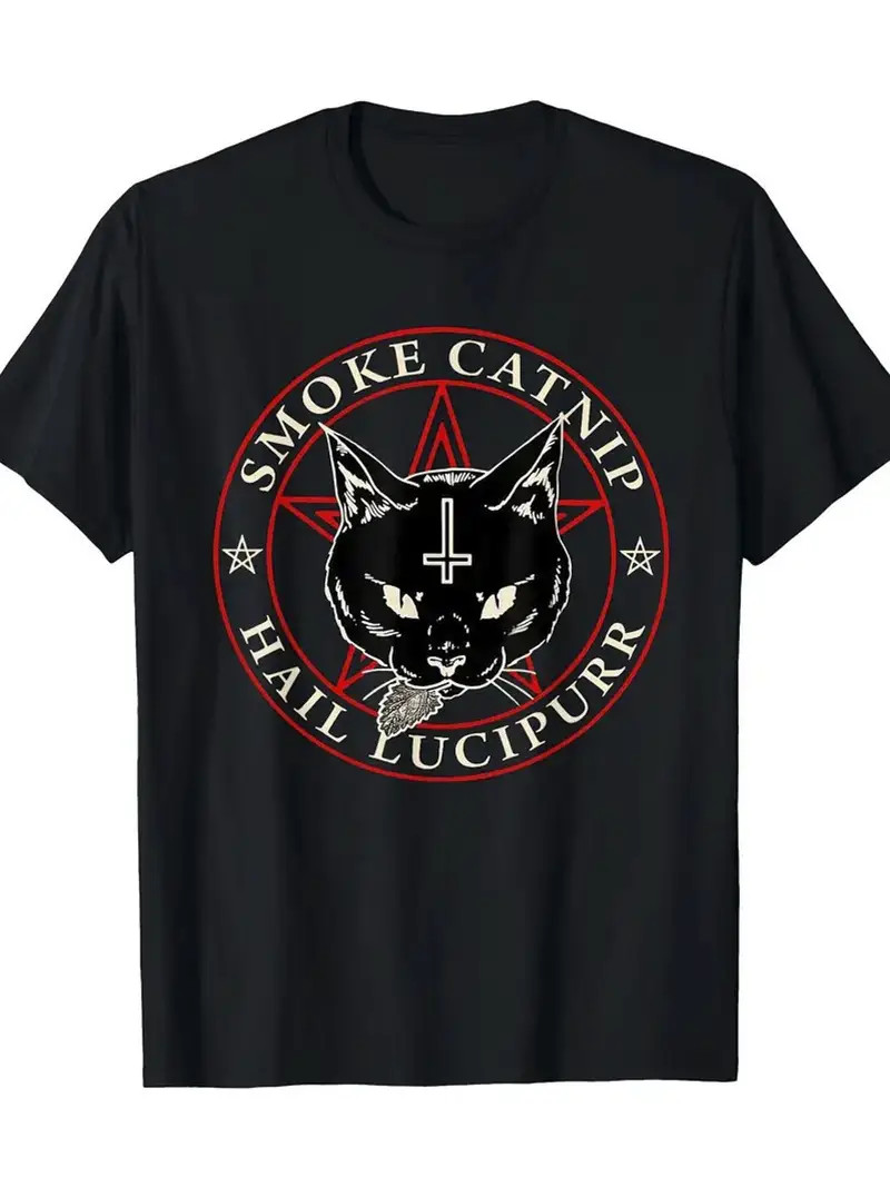 Black Cat Graphic T-Shirt with ‘Smoke Pet Herb Hail Lucifurr’ Design – 100% Cott
