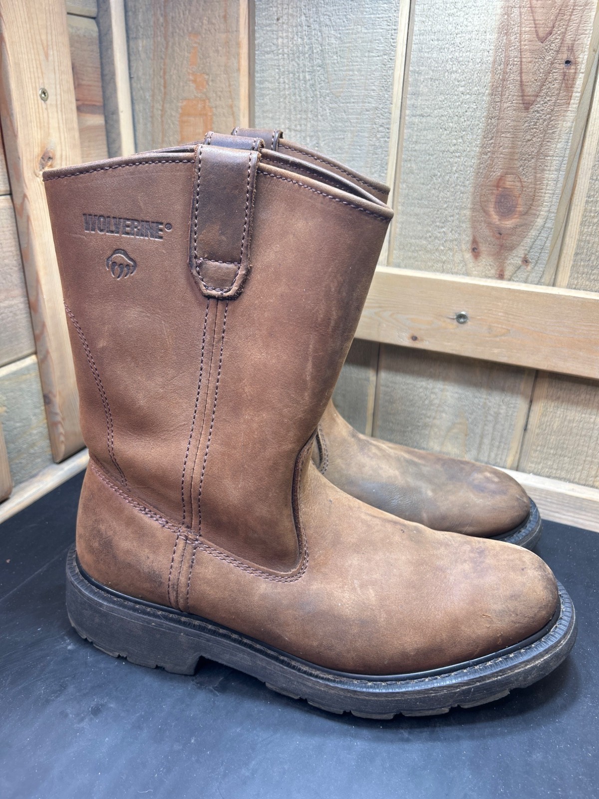 Wolverine Wellington Pull On Leather Work Boots W04727 Mens 9 M UK 8 EU 42 Brown