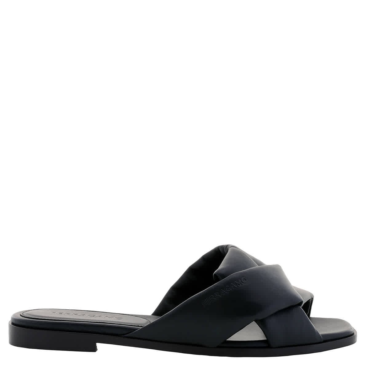Ferragamo Black Alrai Crossover-Strap Nappa Slides