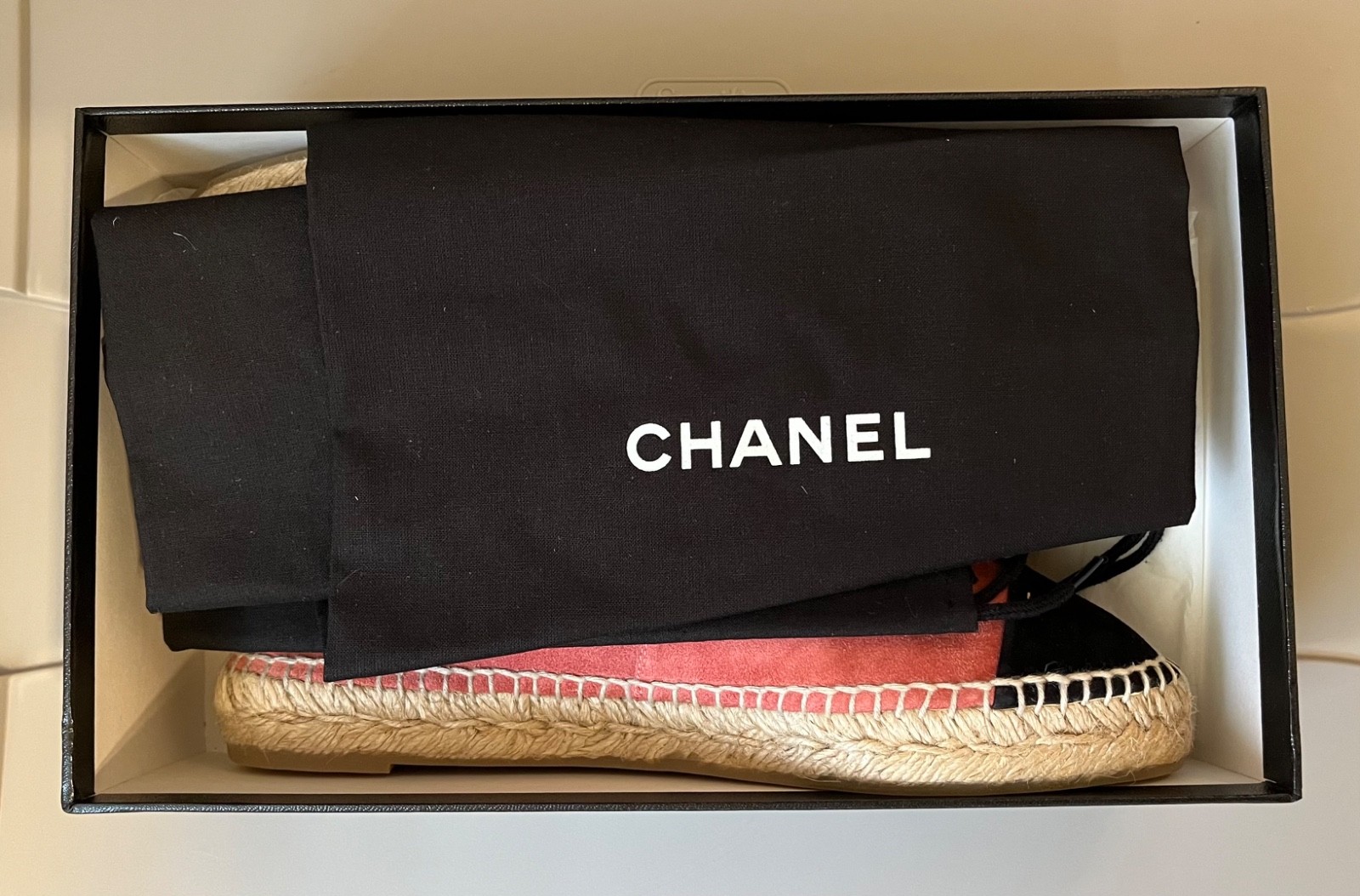 Chanel Espadrilles Pink and Black Suede with Pearl CC- Authentic New in Box