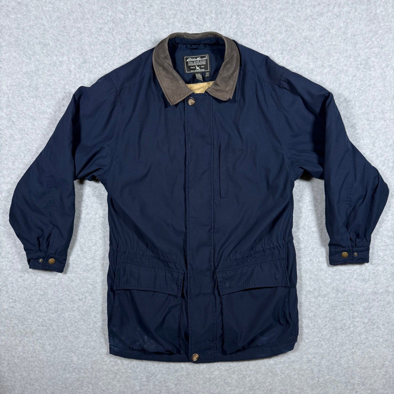 Eddie Bauer Mens Navy Blue Quilted Lined Chore Jacket Leather Collar Medium Y2k