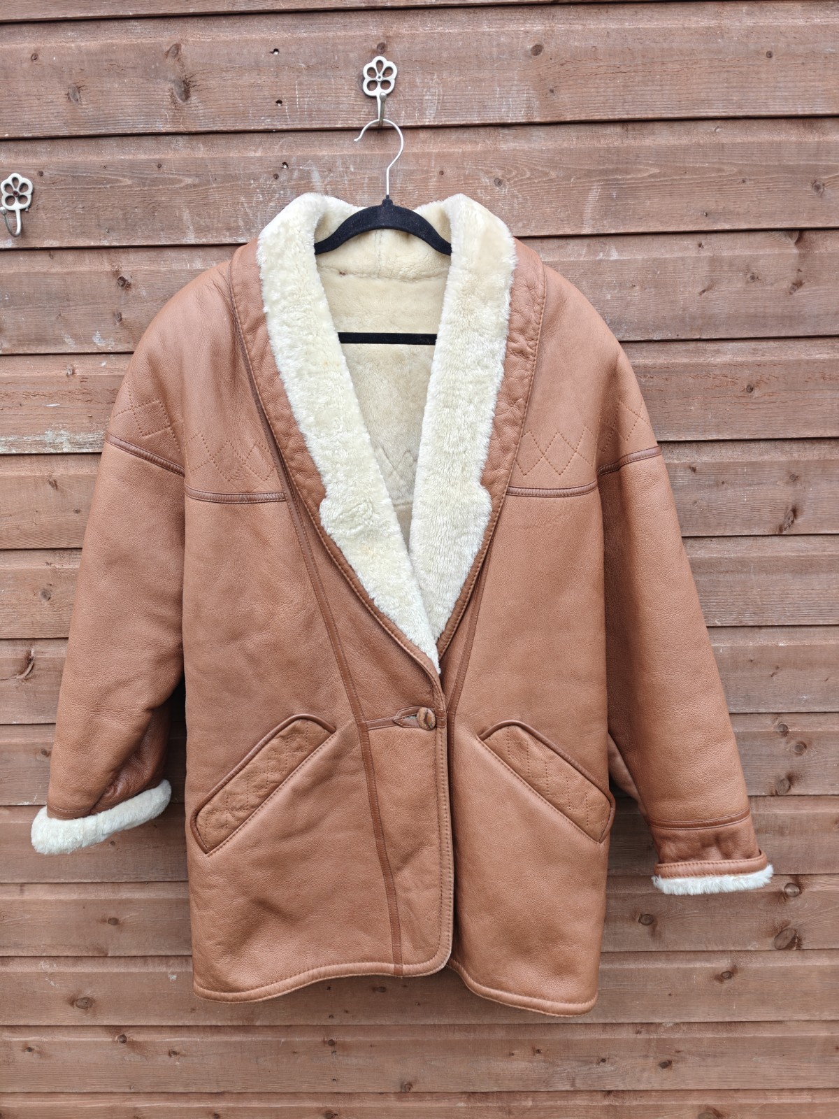 CONBIPEL Womens Shearling Sheepskin Coat Size 44 Brown Leather With Pockets EUC