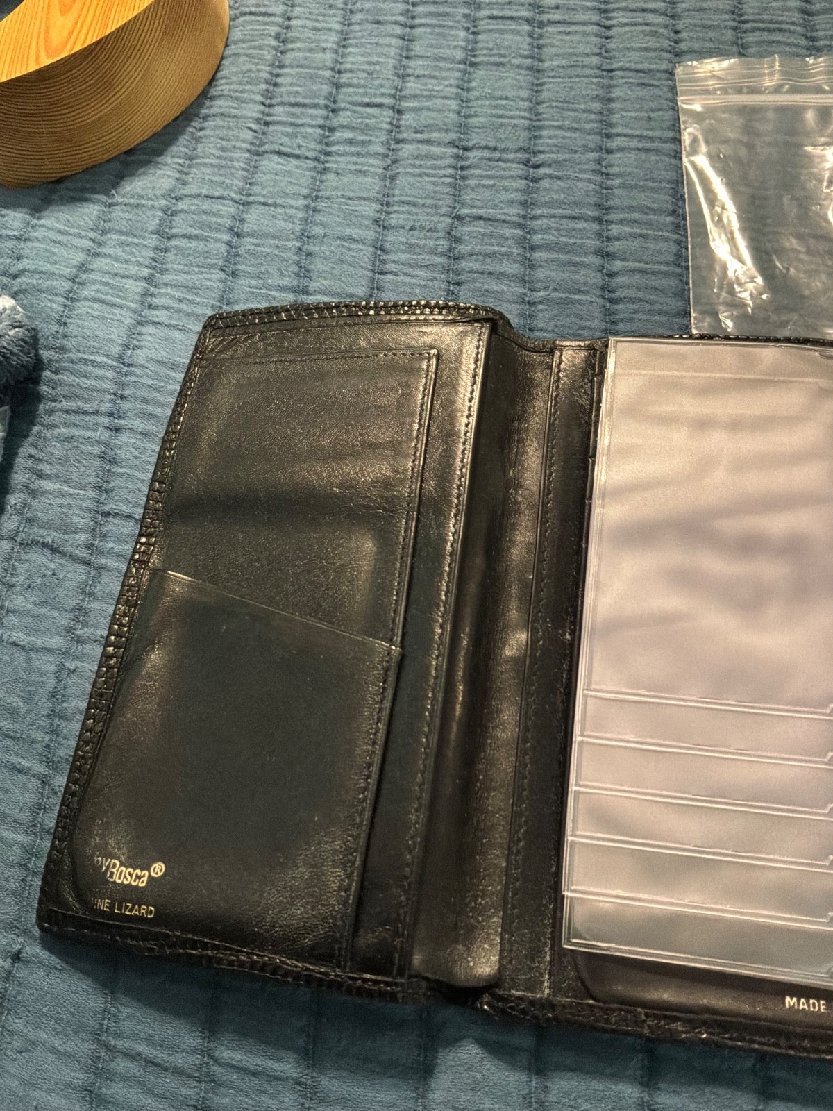 Beautiful Bosca Genuine Lizard Suit Coat Wallet, Black, With Two Inserts,Italy